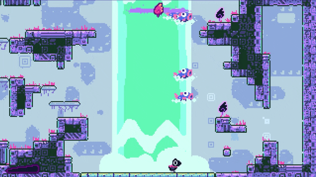 Pixel art game with a bird jumping in a waterfall